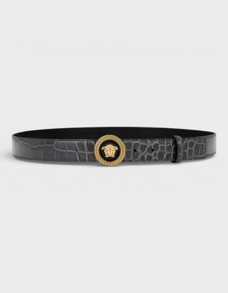 Versace Mens Medusa Croc-Effect Belt Black Grey Gold - Size: 105CM