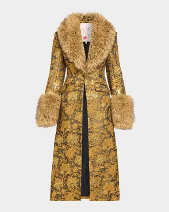 Cinq &agrave; Sept Ivella Floral Jacquard Fur-Trim Coat