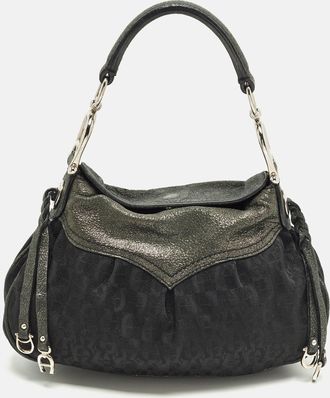 Aigner Black/green Jacquard Canvas And Iridescent Leather Shoulder Bag