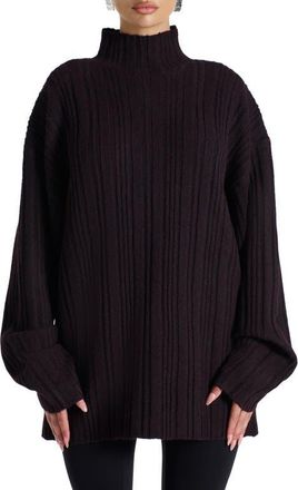 Naked Wardrobe Oversize Funnel Neck Sweater in Dark Plum at Nordstrom, Size X-Small