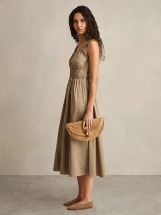 Reiss Womens Khaki Cotton Shirred Craft-Stitch Midi Dress, Size: 16