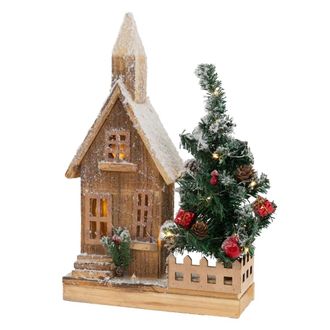 ECD Germany Casa de navidad y abeto con iluminaci&oacute;n led blanco c&aacute;lido 27x11x44 cm