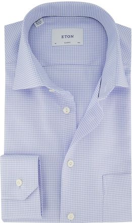 Eton Houndstooth King overhemd geruit lichtblauw semi-wide collar