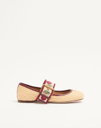 Valentino Garavani Ballerina Mary-Jane Bribri In Rafia Con Ricamo Cherryfic Donna BEIGE 35.5