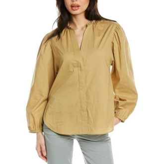Vince Top Womens Beige Cotton Braid Trim Ruched Button Front Blouse JZZ296