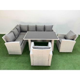 Fimous 8 Seater Wicker Rattan Corner Sofa Sets Outdoor Garden Furniture Sets with Rectangular Dining Table Lounge Sofa 2 Armchair Light Grey - Fimous