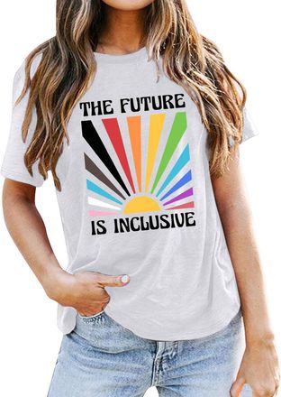 Generic Pride Shirts for Women Rainbow Tee Shirt The Future is Inclusive Letter Print Short Sleeve LGBTQ Casual Tops