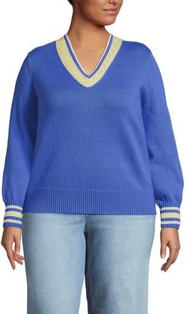 Lands End Drifter Set in Sleeve Vneck Sweater in Clear Blue/yellow Tipping at Nordstrom, Size 1X