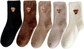 Generic Fuzzy Highland Cow Socks, 5 Pairs Cute Embroidered Highland Cow Crew Sock Winter Warm Soft Indoor Slipper Socks for Women (A)