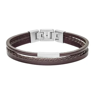 Fossil Accessoires, Heren, Grijs, ONE Size, Leer, Heren Leren Armband met Meerdere Lagen