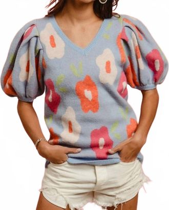 Bibi Floral Pattern Puff Sleeves V-Neck Top In Blue