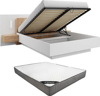 Vente-Unique Canap&eacute; abatible con mesitas de noche 160 x 200 cm - 2 cajones - Con LEDs - Colores: Blanco y natural + Colch&oacute;n - FRANCOLI