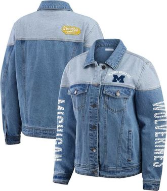 WEAR by Erin Andrews Womens WEAR by Erin Andrews Denim Michigan Wolverines Sleeve Hit Colorblock Button-Down Denim Jacket at Nordstrom, Size X-Large