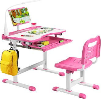 Costway Costway - Set Escritorio Y Silla Para Ni&ntilde;os Altura Regulable Mesa Para Estudiar Y Silla Con Atril Para Libros (rosa)