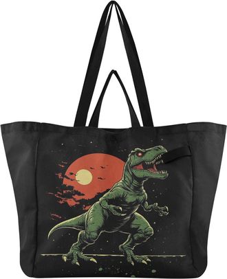 Generic Red Moon Dinosaur pattern Reusable Canvas Tote Bag, Heavy Duty Grocery Shopping Bag with Double Handles Large Capacity Hard Bottom Work Groceries Trav