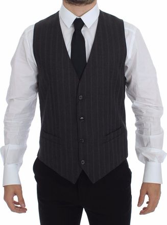 Dolce & Gabbana Gray Striped Wool Logo Vest Gilet Mens Weste