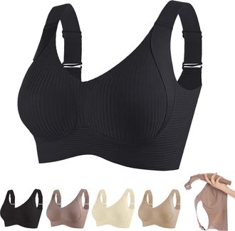 Generic Womens Ribbed Push Up Adjustable Wireless Bra, 3 Pack Women Solid Four Breasted Adjustable Wireless Bra for Women (Black,3XL)