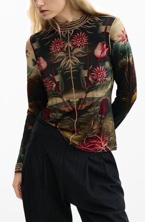 Desigual Floral Print Long Sleeve T-Shirt in Black at Nordstrom, Size X-Small
