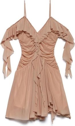 Aniye By Xena Ruffled Cold Shoulder Mini Jurk - Dames - Feestkleedjes - Beige - M - Polyester - Kleedjes