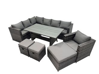 Fimous Outdoor PE Rattan Sofa Set with with Chair 3 Stool in Dark Grey