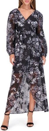 Siena My Balconia Floral Metallic Stripe Long Sleeve Faux Wrap Midi Dress in Black Multi at Nordstrom Rack, Size 14