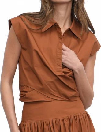 Greylin Eloise Wrap Front Extended Shoulder Poplin Top In Brown