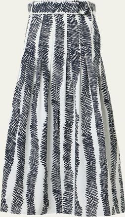 Akris Scribble Pleated Cotton Poplin Midi Skirt With Belt