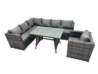 Fimous 7-seater Outdoor PE Rattan Sofa Set with Dining Table Chair in Dark Grey