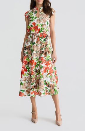 Kasper Floral Print Cap Sleeve Midi Dress in Vanilla Ice Multi at Nordstrom, Size 10