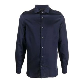 Emporio Armani Marineblauw Regular Fit Overhemd met All Over Adelaar Logo - Heren - Casual Overhemden - Blauw - XL - Katoen - Overhemden