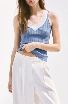 Mango Lace Trim Lyocell Tank in Sky Blue at Nordstrom, Size X-Small