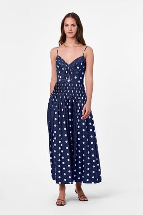 Nicholas Mireille Pintuck Dress in Navy Polka Dot at Nordstrom, Size 10
