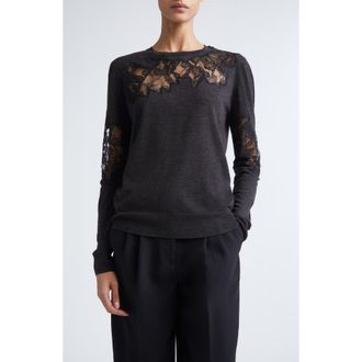 Jason Wu Lace Inset Merino Wool Crewneck Sweater in Graphite at Nordstrom, Size X-Small