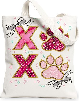 Generic Cute Paw Print Canvas Tote Bags, Heart Pattern Reusable Grocery Bags, Stylish Lightweight Washable Shoulder Strap Canvas Fo, White, 13x15 Inch