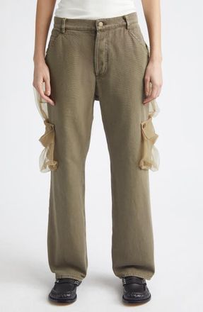 Magliano Cantiere Sheer Pocket Cotton Canvas Wide Leg Pants in Khaki at Nordstrom, Size X-Small