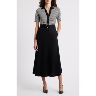 Anne Klein Stripe Bodice Belted Midi Dress in Anne Black/White Dove at Nordstrom, Size Xx-Small