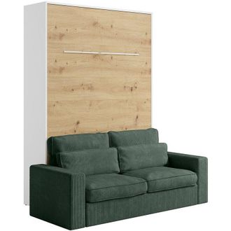 Vente-Unique Letto a scomparsa 160 x 200 cm Apertura verticale manuale Con LED Bianco e naturale + Divano Verde - RAPILI
