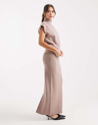 French Connection Gonna midi a tubino in maglia color talpa in coordinato-Neutro