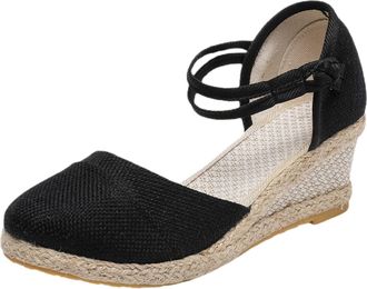 Generic Women Summer Elastic Band Weave Sandals Breathable Round Toe Non Slip Comfortable Beach Footwear for Outdoor Walking (Black, 5.5)