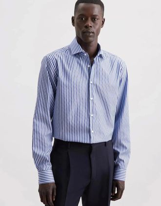 Seidensticker Seidensticker Mens Regular Fit No Iron Spread Kent Structured Stripe Business Shirt Dark Blue - White - Size: 38/Regular