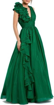Mac Duggal Petite Ruffle Shoulder V-Neck Chiffon Gown in Emerald at Nordstrom, Size 14
