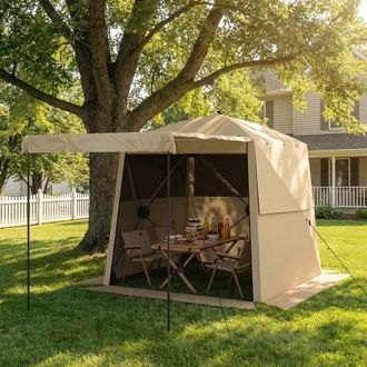 OUTSUNNY 2 x 2 m Waterproof Pop Up Gazebo with Awning, Sides in Khaki | Size: 2m x 2m