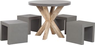 Beliani Conjunto De Comedor Para Jard&iacute;n De Cemento Reforzado Gris Con Patas De Madera De Acacia Para 4 Personas Mesa Redonda Con 4 Taburetes Olbia/taranto