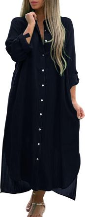 Generic Linen Dress Womens Summer Long Elegant Muslin Blouse Long Blouse Long Sleeves Shirt Dress Button Down Casual Shirt Dress Comfortable Homewear Large Si