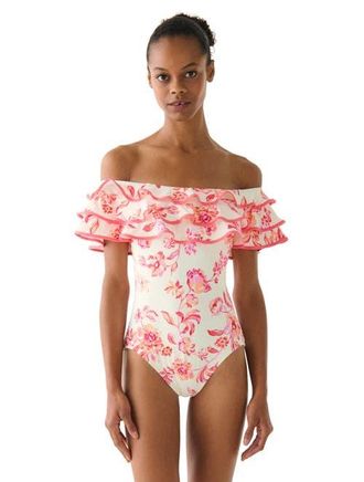Kate Spade New York Floral Toile Ruffle Off the Shoulder One Piece Swimsuit in Light Cantaloupe at Nordstrom, Size X-Large