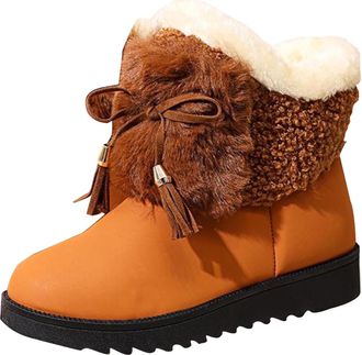 Generic Ladies Winter Boots Cosy Wide Width Snow Booties Solid Color Bow Thick Sole Cute Furry Plush Lined Comfy Warm Ankle Boots Casual Classic