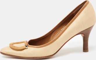 Ferragamo Beige/brown Woven Canvas And Leather Pumps