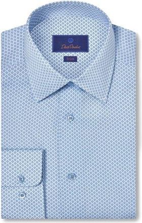 David Donahue Trim Fit Twill Neat Print Dress Shirt in Blue/Melon at Nordstrom Rack, Size 15.5 - 34/35