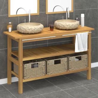 vidaXL Tocador De Ba&ntilde;o Madera Maciza De Teca Con Lavabos M&aacute;rmol Crema Vidaxl