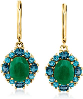 Ross-Simons Emerald and London Blue Topaz Drop Earrings in 18kt Gold Over Sterling